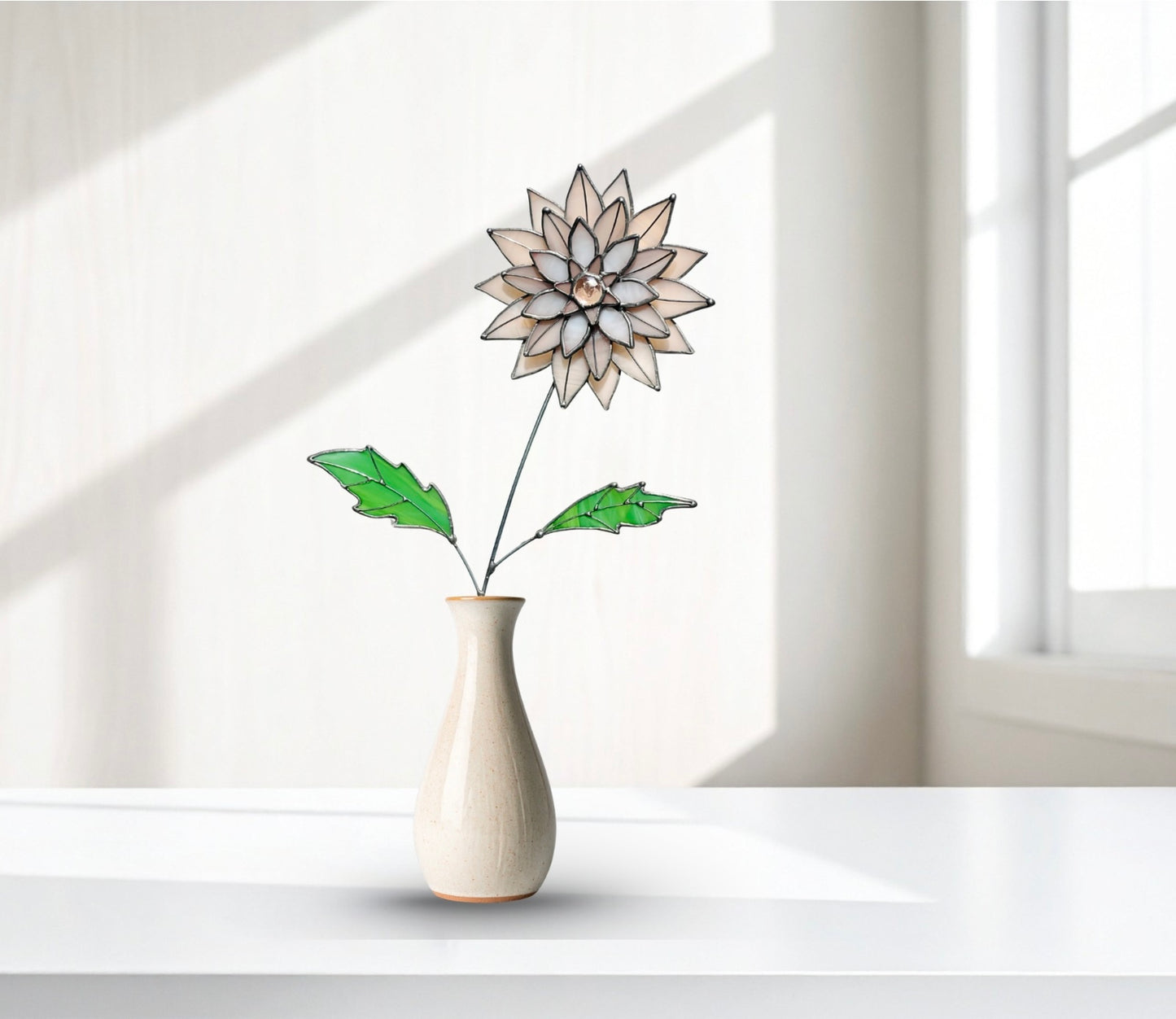 Peachy Pink 3D Stained Glass Dahlia Stem | Layered Glass Flower Art - Samara Designs Studio