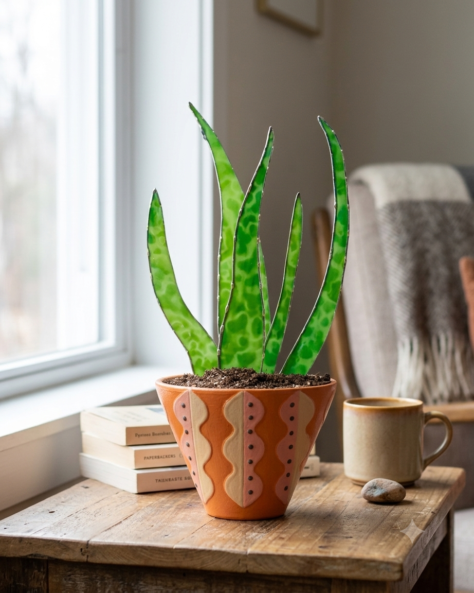 Stained Glass Aloe Plant Sculpture | Handmade Glass Plant Decor | Faux Aloe Stems in Modern Planter | Unique Gift for Plant Lovers - Samara Designs Studio