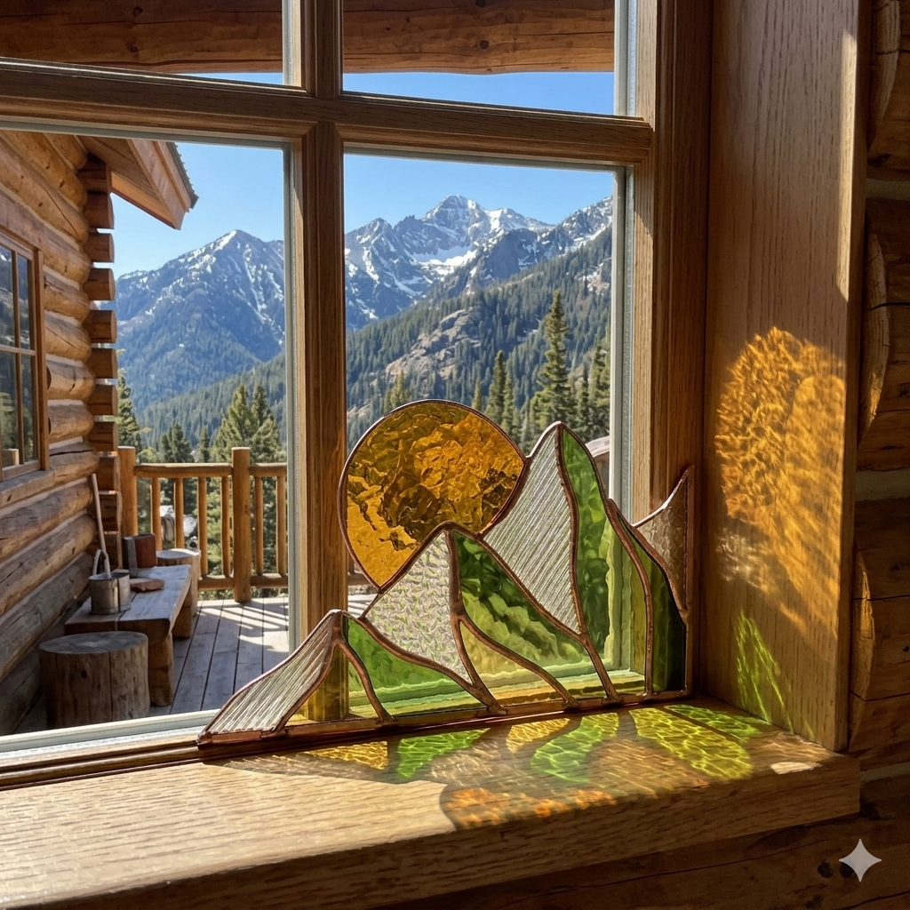 Summer Mountain Scape Stained Glass Corner Panel - Samara Designs Studio