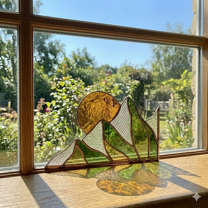 Summer Mountain Scape Stained Glass Corner Panel - Samara Designs Studio