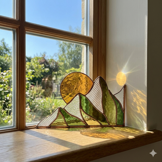 Summer Mountain Scape Stained Glass Corner Panel - Samara Designs Studio