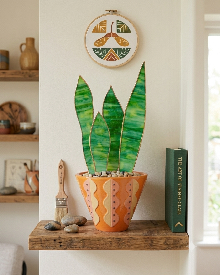 Stained Glass Snake Plant Sculpture | Handmade Faux Plant Decor | Glass Succulent Leaves | Modern Botanical Home Decor - Samara Designs Studio