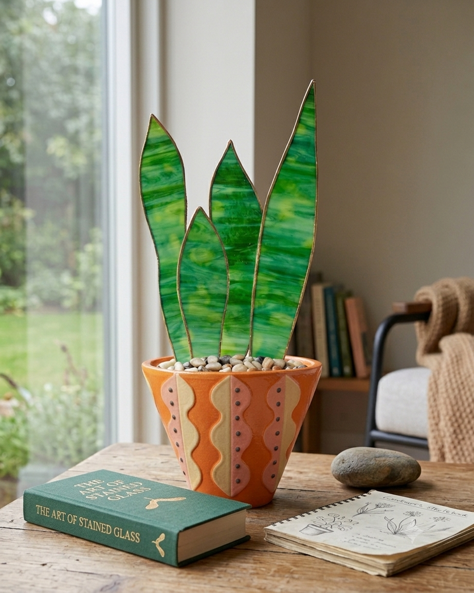 Stained Glass Snake Plant Sculpture | Handmade Faux Plant Decor | Glass Succulent Leaves | Modern Botanical Home Decor - Samara Designs Studio