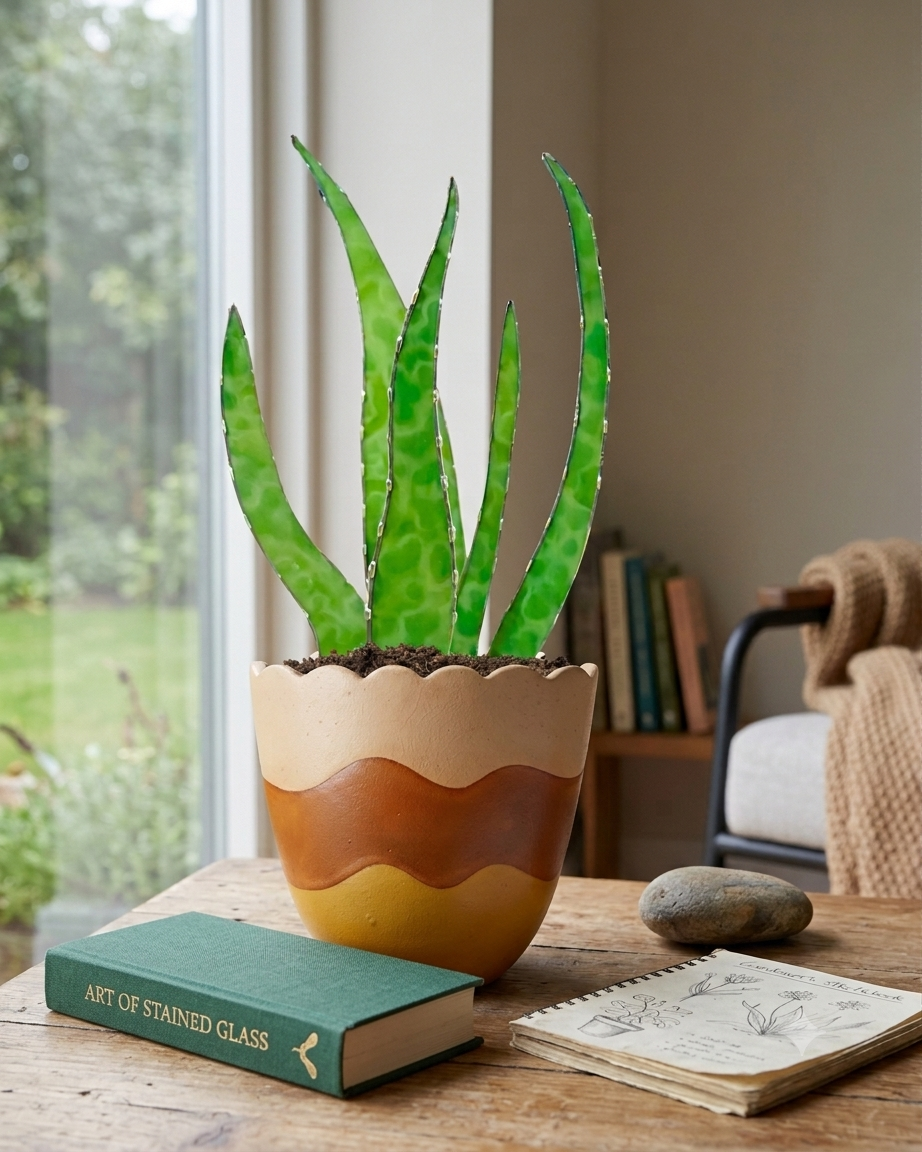 Stained Glass Aloe Plant Sculpture | Handmade Glass Plant Decor | Faux Aloe Stems in Modern Planter | Unique Gift for Plant Lovers - Samara Designs Studio