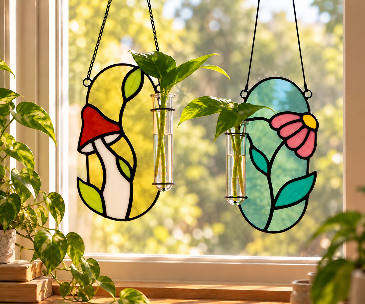 Stained Glass Plant Propagation Station | Mushroom or Wildflower - Samara Designs Studio