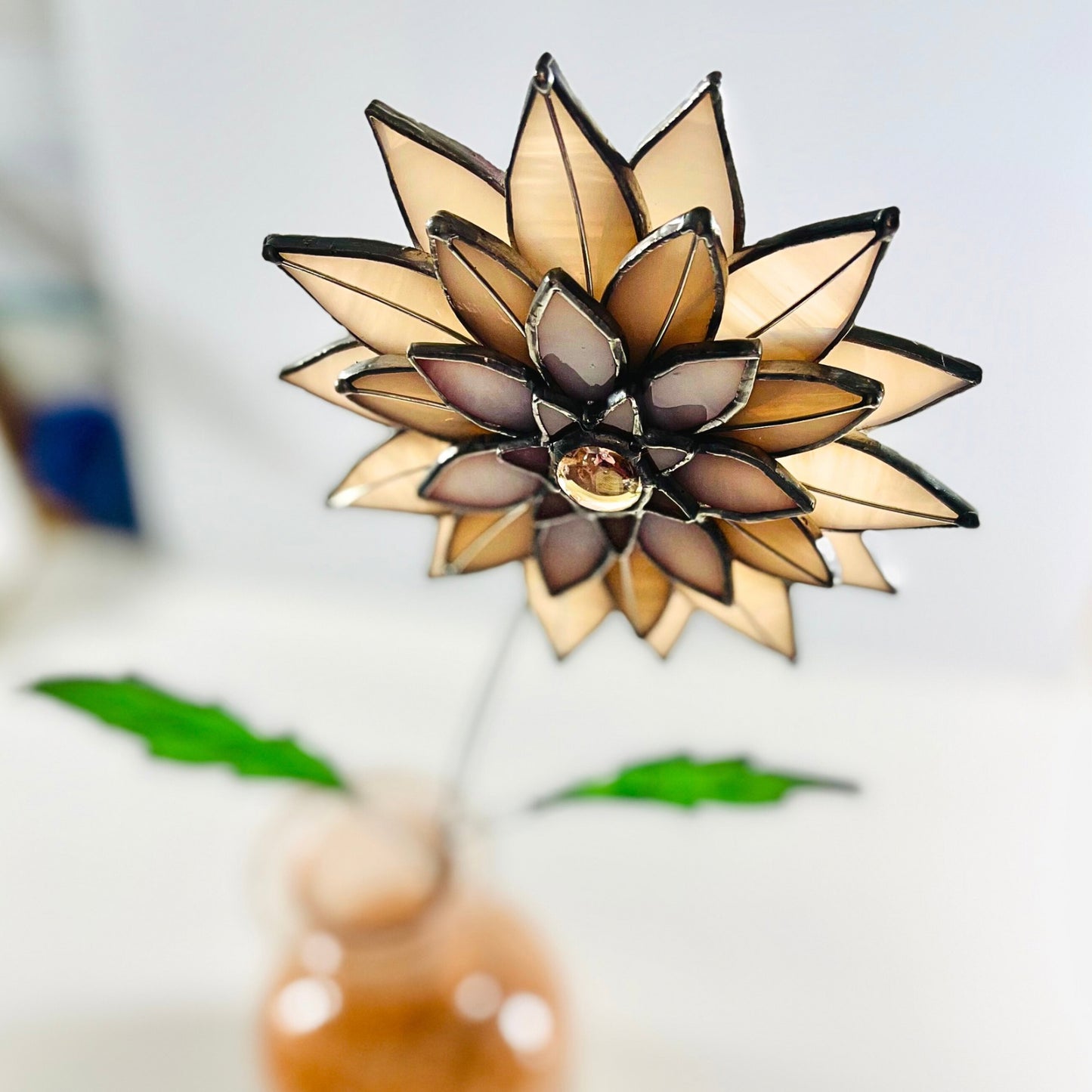 Peachy Pink 3D Stained Glass Dahlia Stem | Layered Glass Flower Art - Samara Designs Studio