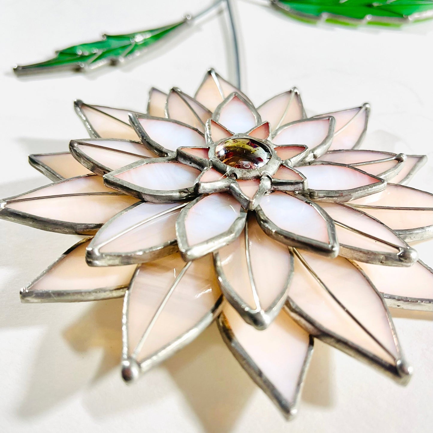 Peachy Pink 3D Stained Glass Dahlia Stem | Layered Glass Flower Art - Samara Designs Studio