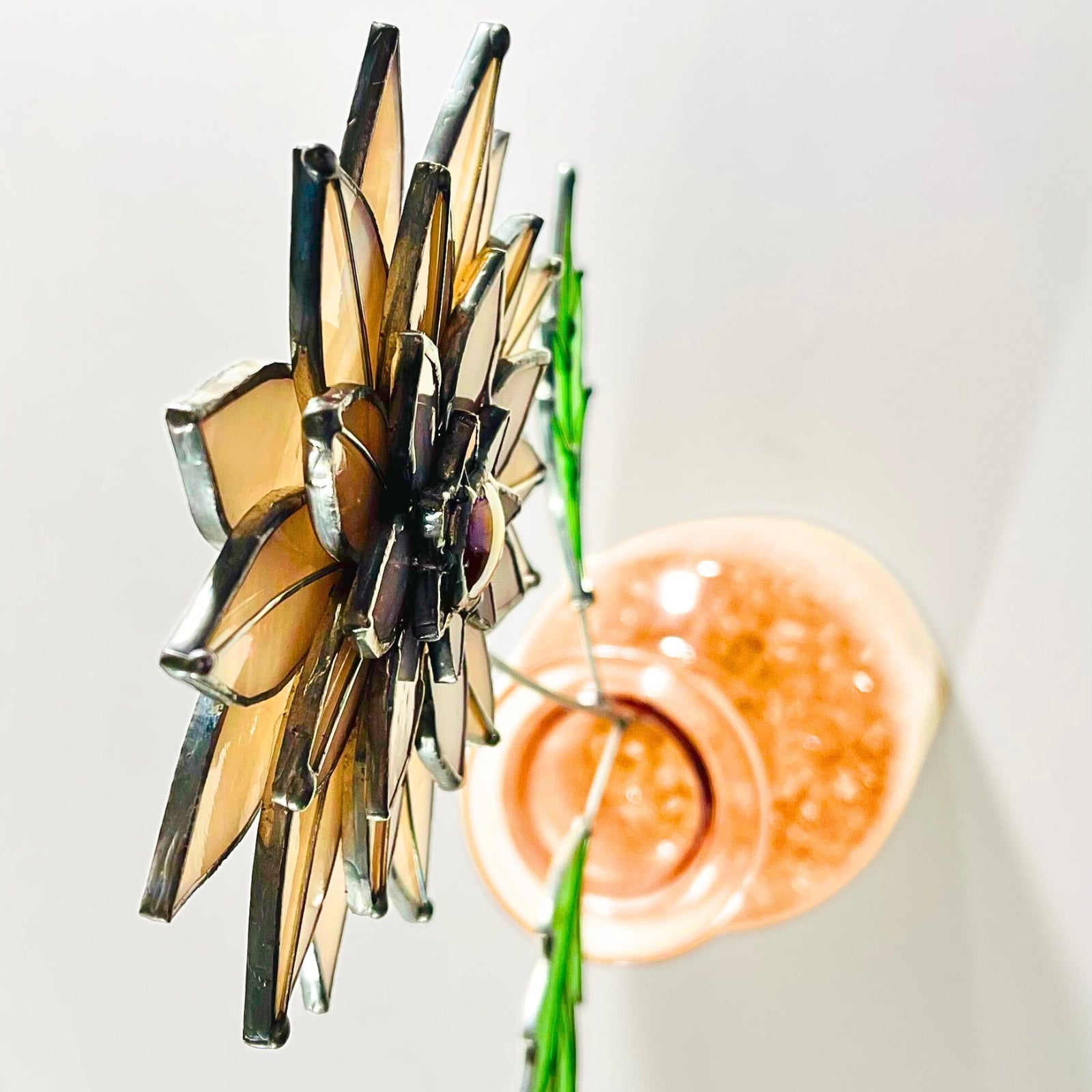 Peachy Pink 3D Stained Glass Dahlia Stem | Layered Glass Flower Art - Samara Designs Studio
