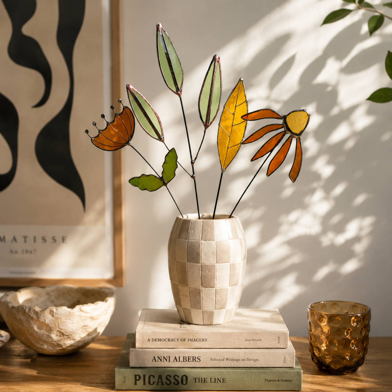 Stained Glass Floral Arrangement – Amber Wildflower & Green Leaf Bouquet | Handmade Glass Flower Stems | Botanical Home Decor Gift - Samara Designs Studio