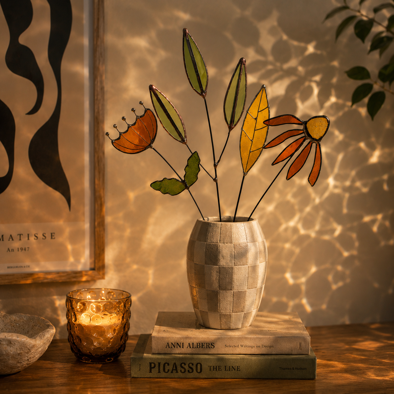 Stained Glass Floral Arrangement – Amber Wildflower & Green Leaf Bouquet | Handmade Glass Flower Stems | Botanical Home Decor Gift - Samara Designs Studio