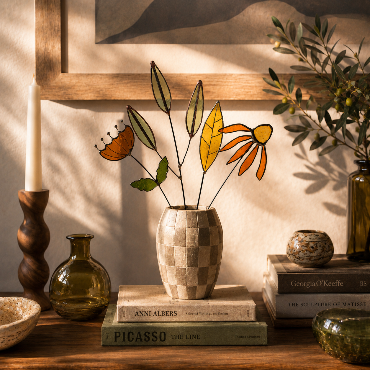 Stained Glass Floral Arrangement – Amber Wildflower & Green Leaf Bouquet | Handmade Glass Flower Stems | Botanical Home Decor Gift - Samara Designs Studio