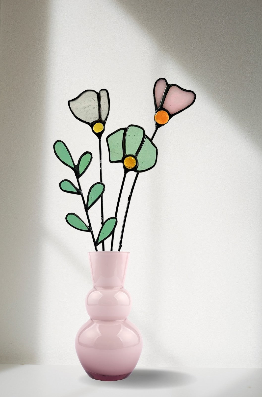 Handmade Stained Glass Wildflower Arrangement –Pastel Pink & Soft Green