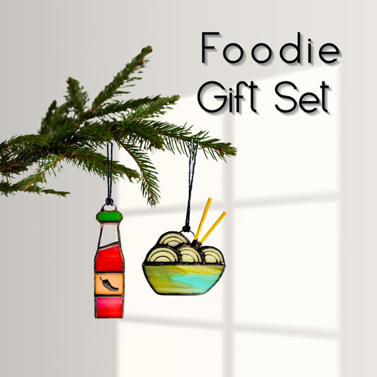 Ramen & Hot Sauce Gift Set – Handmade Stained Glass Foodie Ornaments