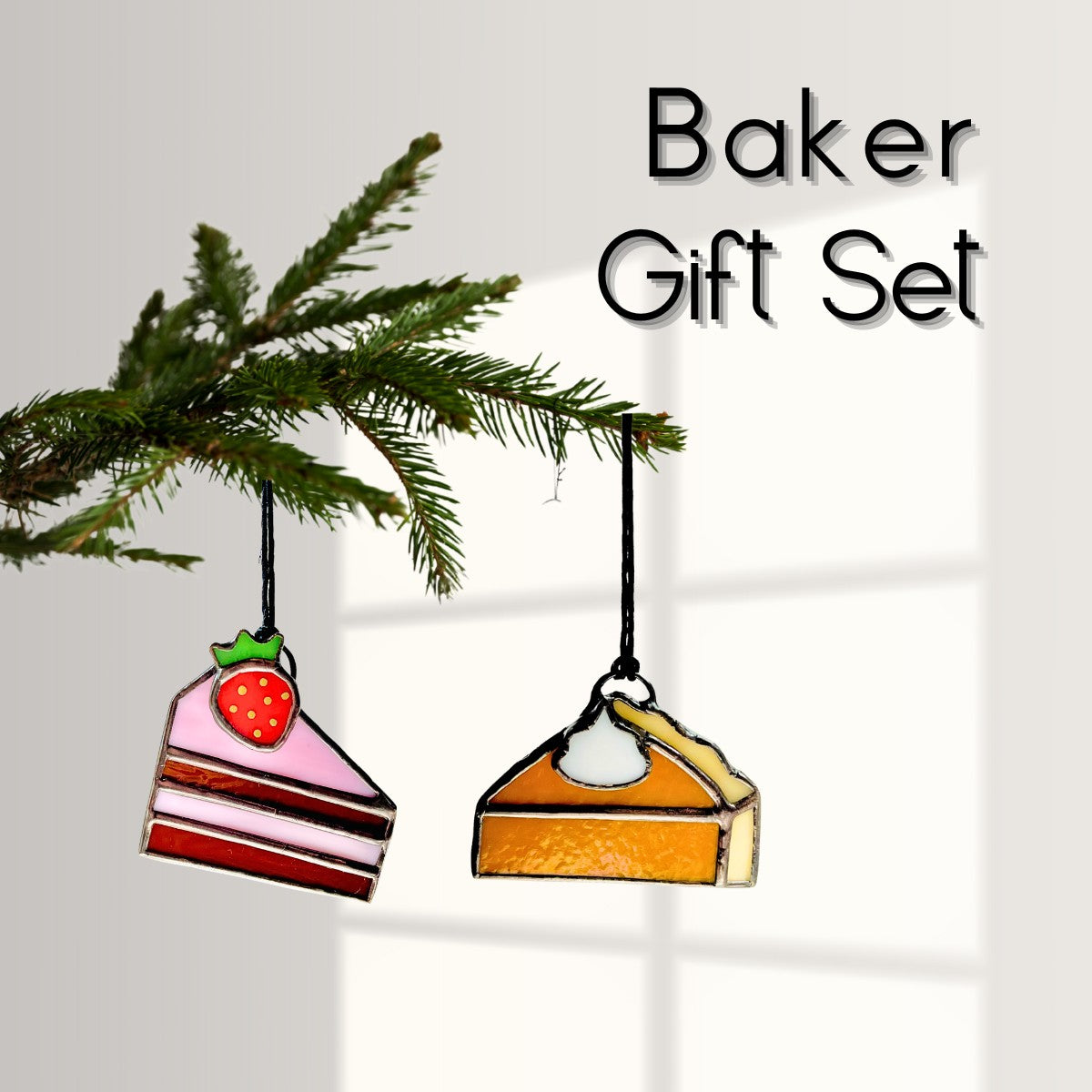 Stained Glass Dessert Gift Set – Strawberry Cake & Pumpkin Pie Ornaments, Thanksgiving Hostess Gift
