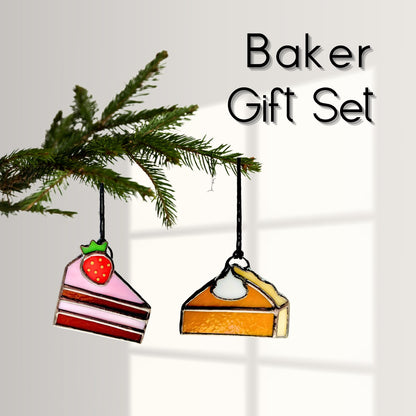 Stained Glass Dessert Gift Set – Strawberry Cake & Pumpkin Pie Ornaments, Thanksgiving Hostess Gift - Samara Designs Studio