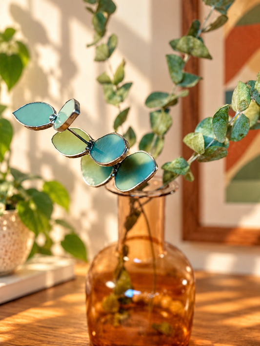 Baby Blue Eucalyptus Stained Glass Stem – Handmade Botanical Glass Decor - Samara Designs Studio