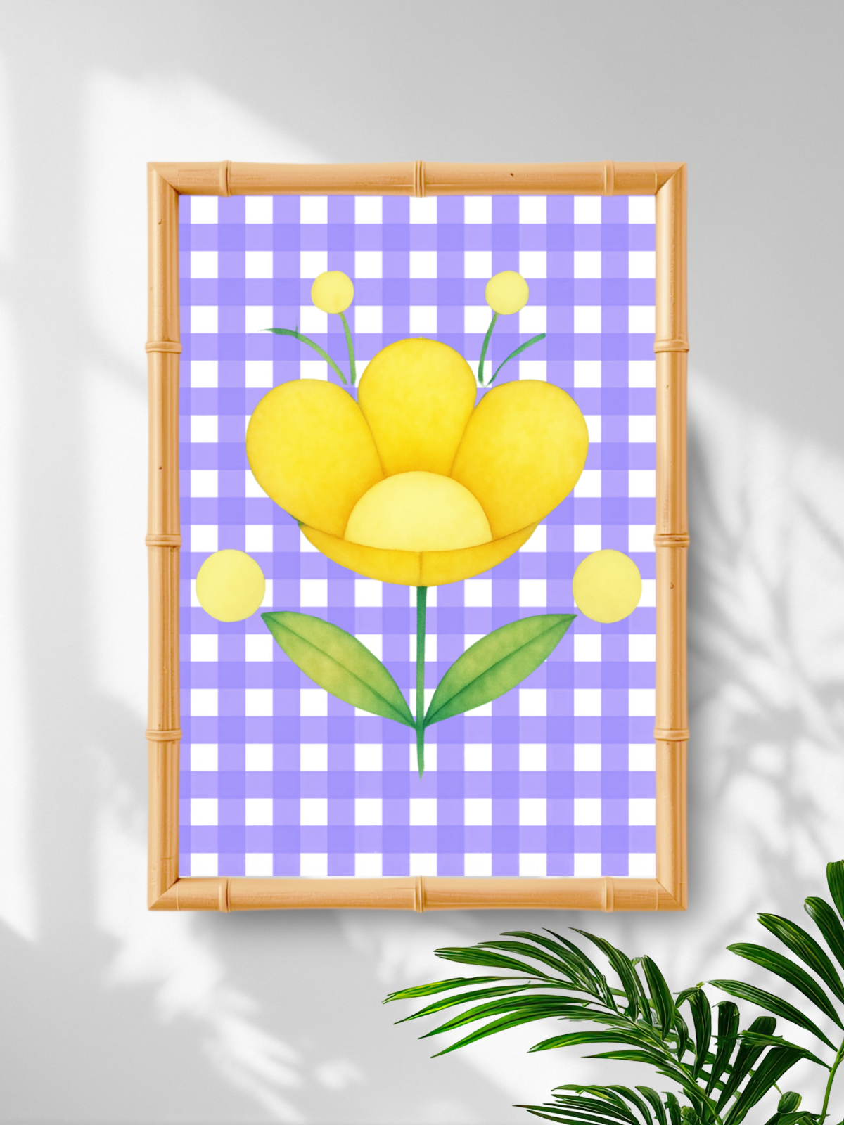 Framed artwork with a yellow flower on a purple checkered background