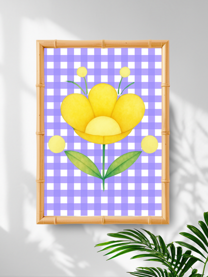 Framed artwork with a yellow flower on a purple checkered background