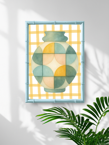 Geometric vase design in a frame on a wall with a plant in the foreground