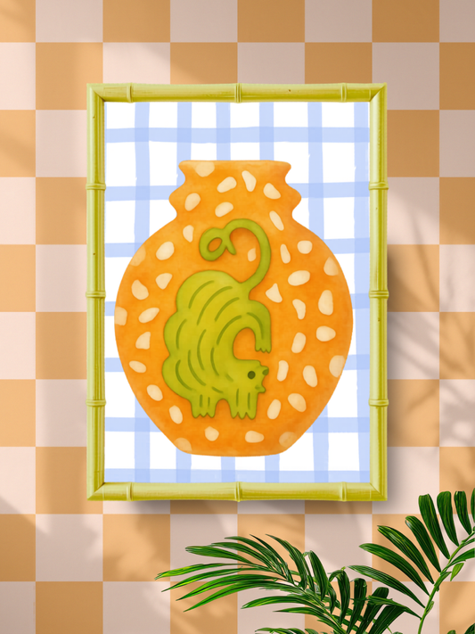 Decorative wall art with a ochre cat on an orange vase against a checkered background