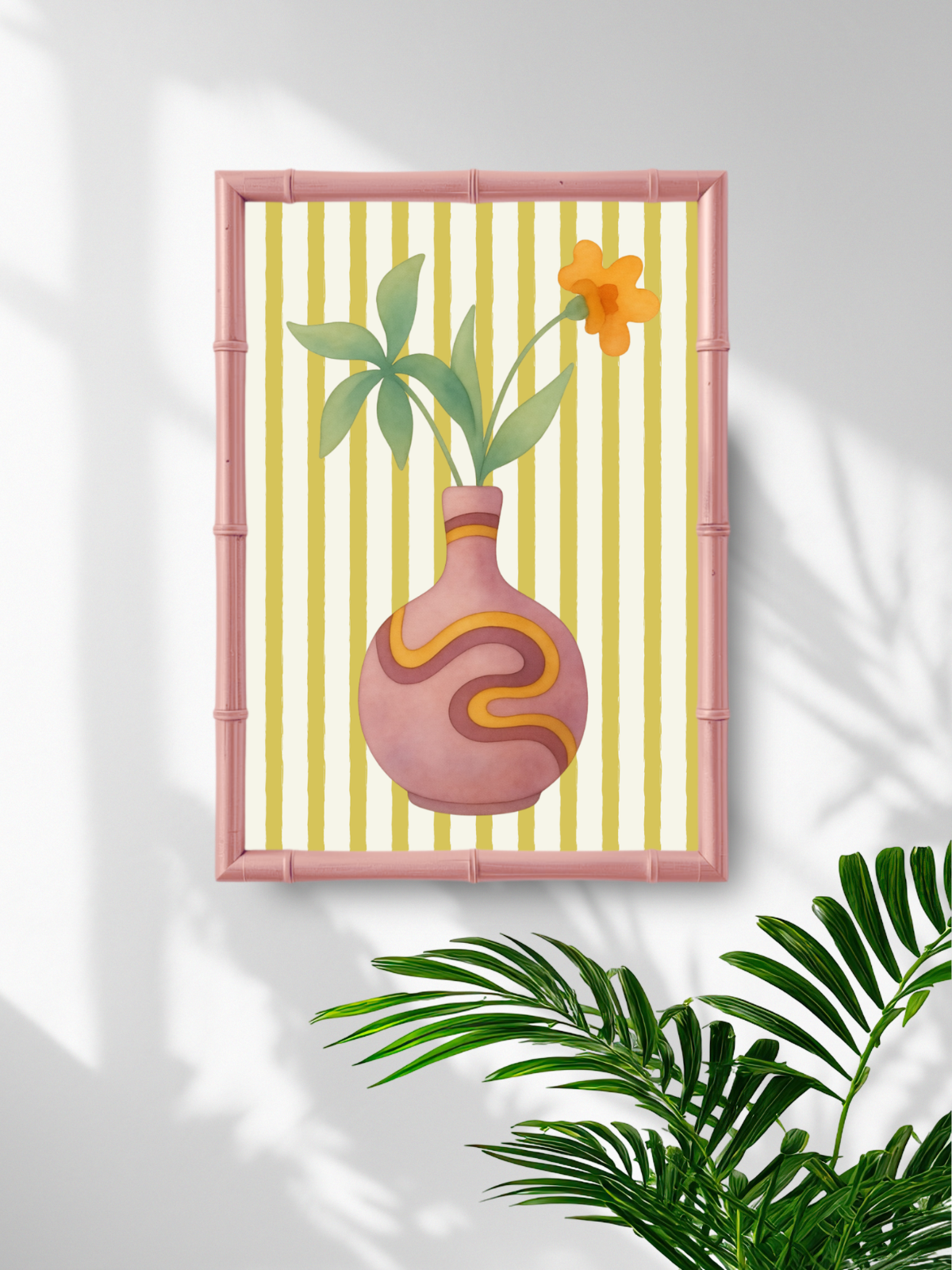 Decorative wall art with a lavender vase and flowers on a striped background, framed with bamboo design.