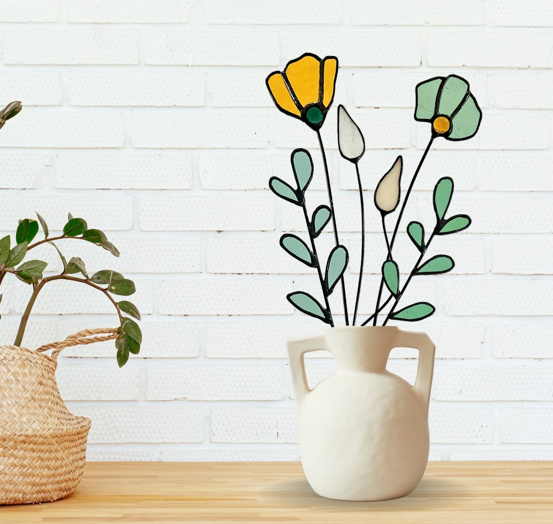 Handmade Stained Glass Wildflower Arrangement –  Amber & Sage Green