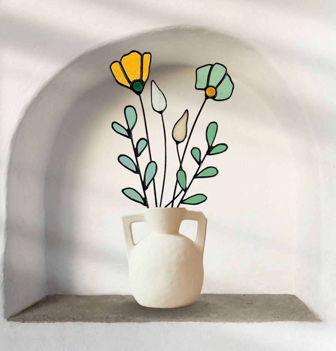 Handmade Stained Glass Wildflower Arrangement –  Amber & Sage Green