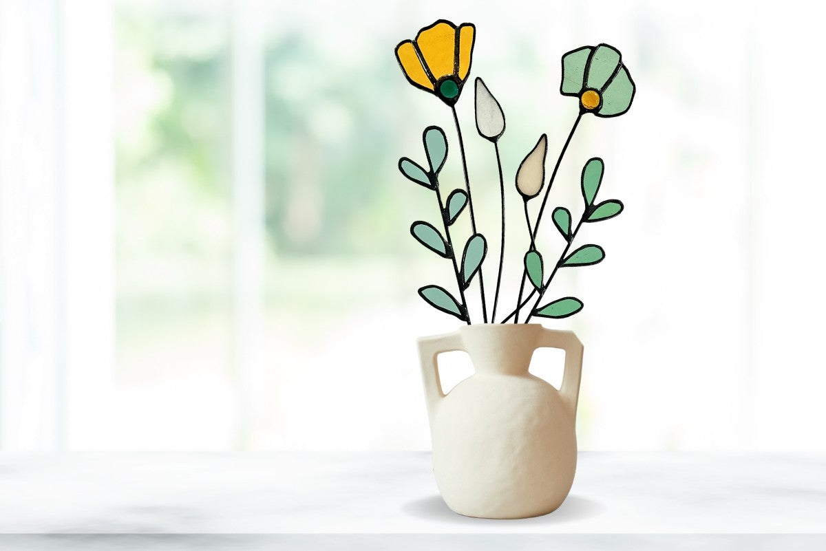 Handmade Stained Glass Wildflower Arrangement –  Amber & Sage Green