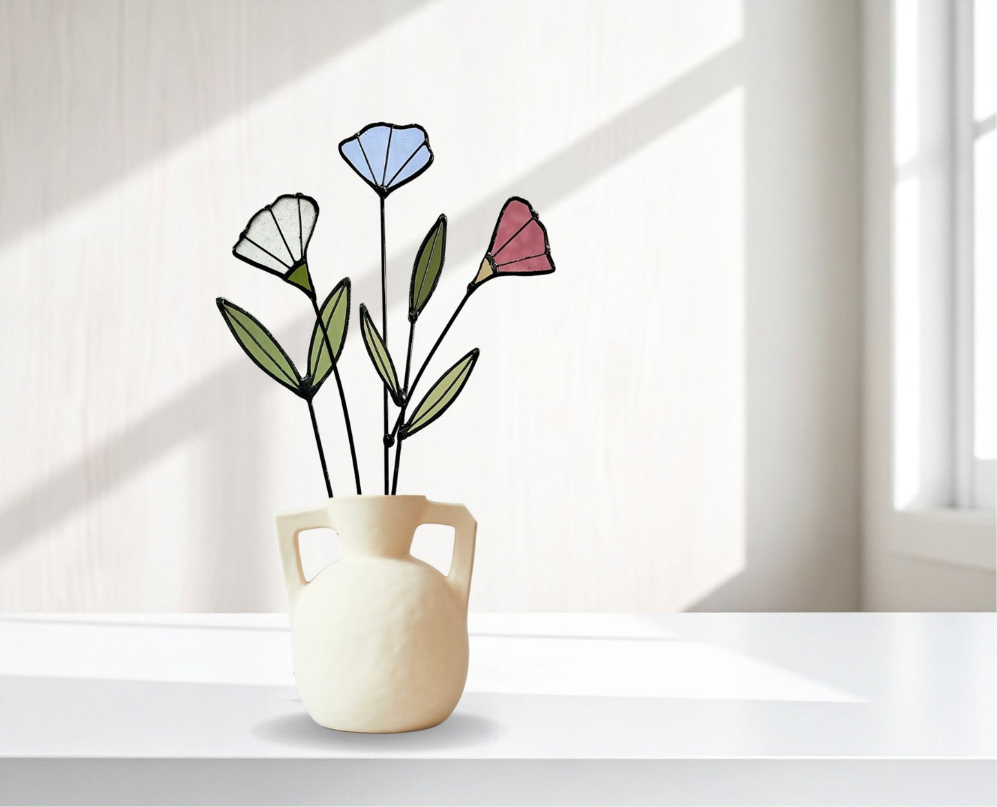Handmade Stained Glass Wildflower Arrangement – Blue, Dusty Rose & White Blossoms