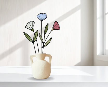 Handmade Stained Glass Wildflower Arrangement – Blue, Dusty Rose & White Blossoms