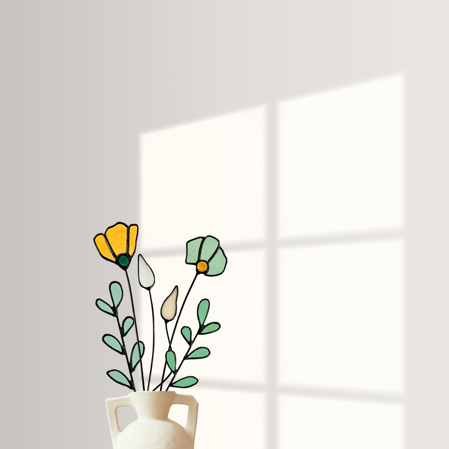 Handmade Stained Glass Wildflower Arrangement –  Amber & Sage Green
