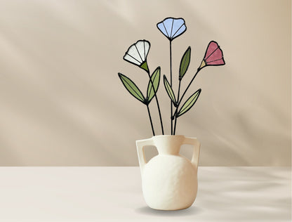Handmade Stained Glass Wildflower Arrangement – Blue, Dusty Rose & White Blossoms