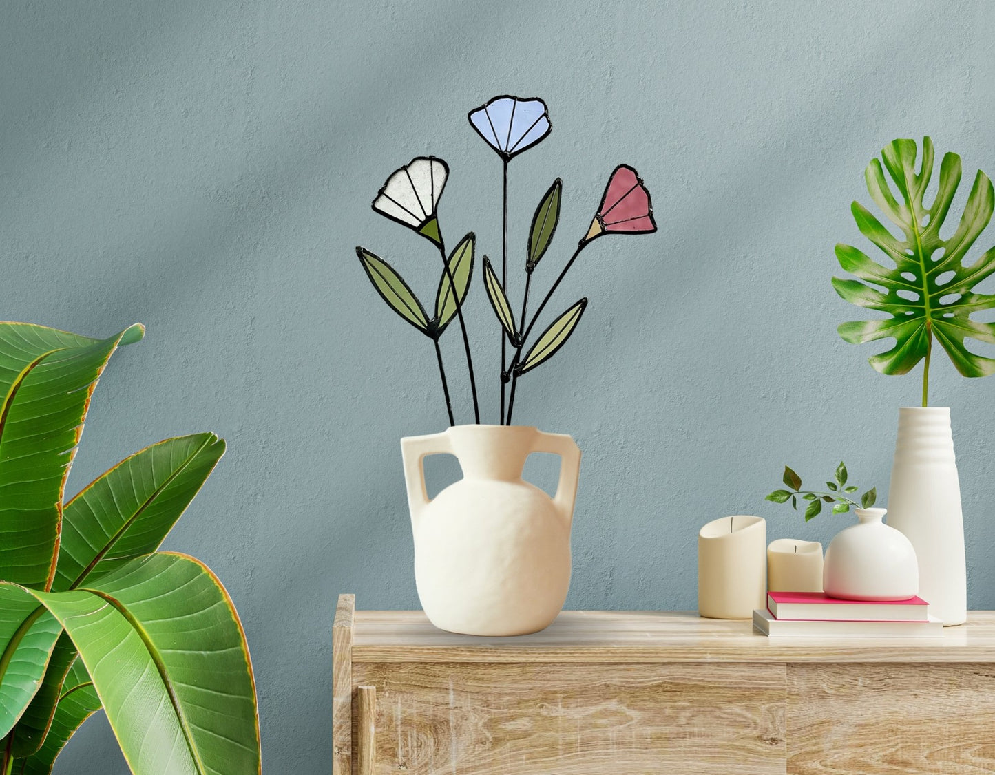 Handmade Stained Glass Wildflower Arrangement – Blue, Dusty Rose & White Blossoms