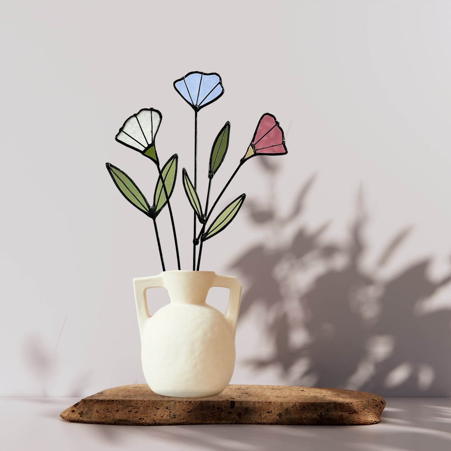 Handmade Stained Glass Wildflower Arrangement – Blue, Dusty Rose & White Blossoms
