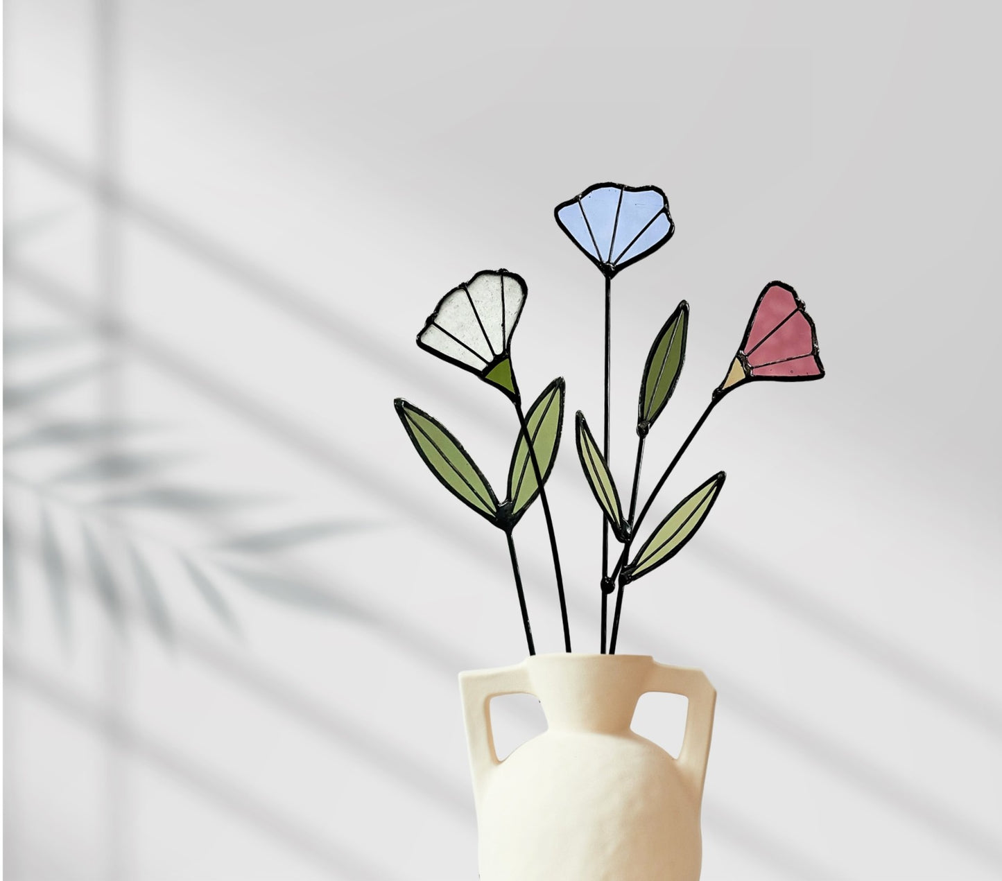 Handmade Stained Glass Wildflower Arrangement – Blue, Dusty Rose & White Blossoms