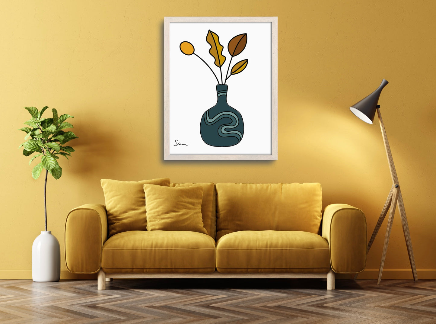 Modern Teal Vase Art Print | Minimalist Botanical Line Drawing - Samara Designs Studio