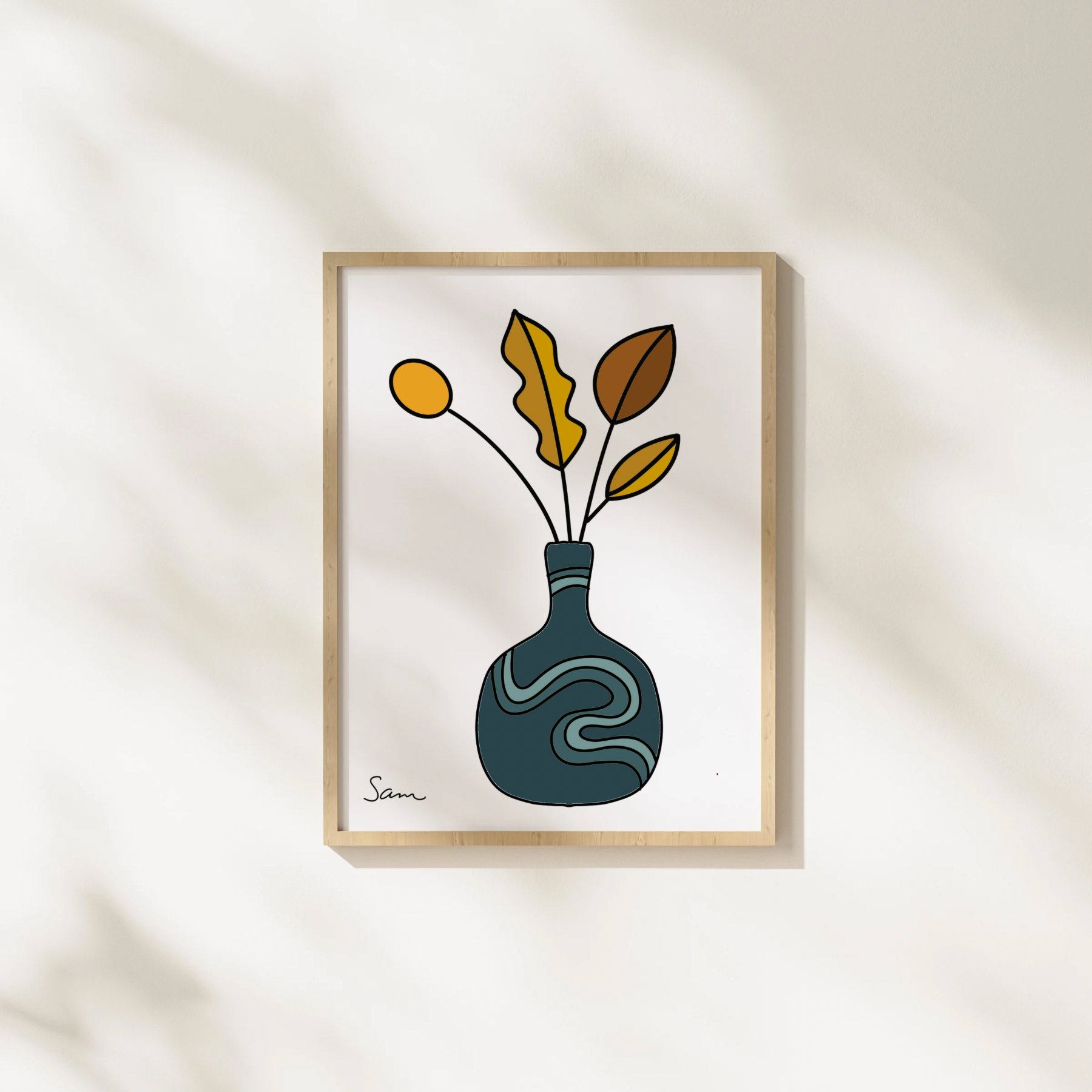Modern Teal Vase Art Print | Minimalist Botanical Line Drawing - Samara Designs Studio