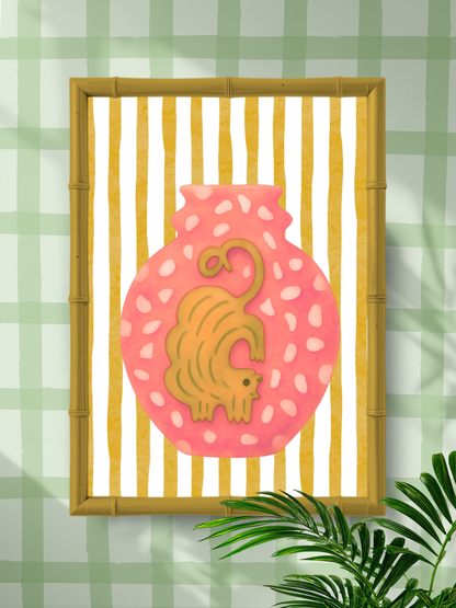 Whimsical Watercolor Art Print – Modern Folk Art Cat in Pink Vase, Colorful Gallery Wall Decor - Samara Designs Studio