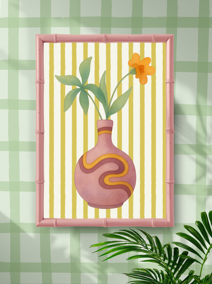 Framed artwork of a lavender vase with green leaves and a yellow flower on a striped background.