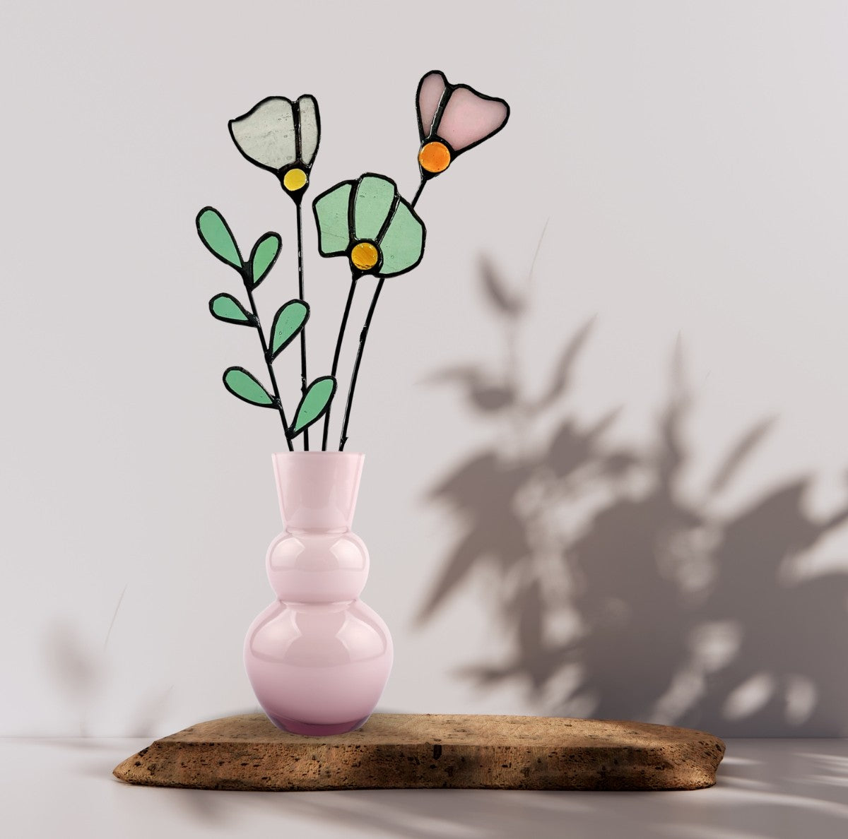 Handmade Stained Glass Wildflower Arrangement –Pastel Pink & Soft Green