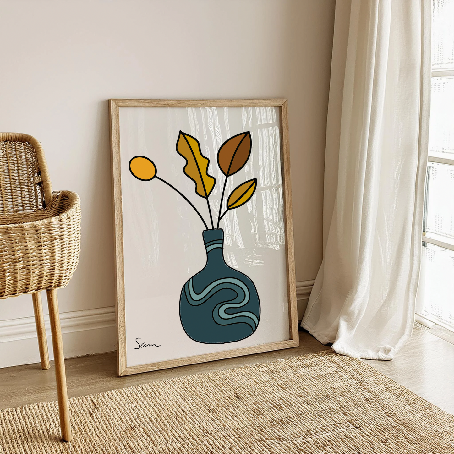 Modern Teal Vase Art Print | Minimalist Botanical Line Drawing - Samara Designs Studio