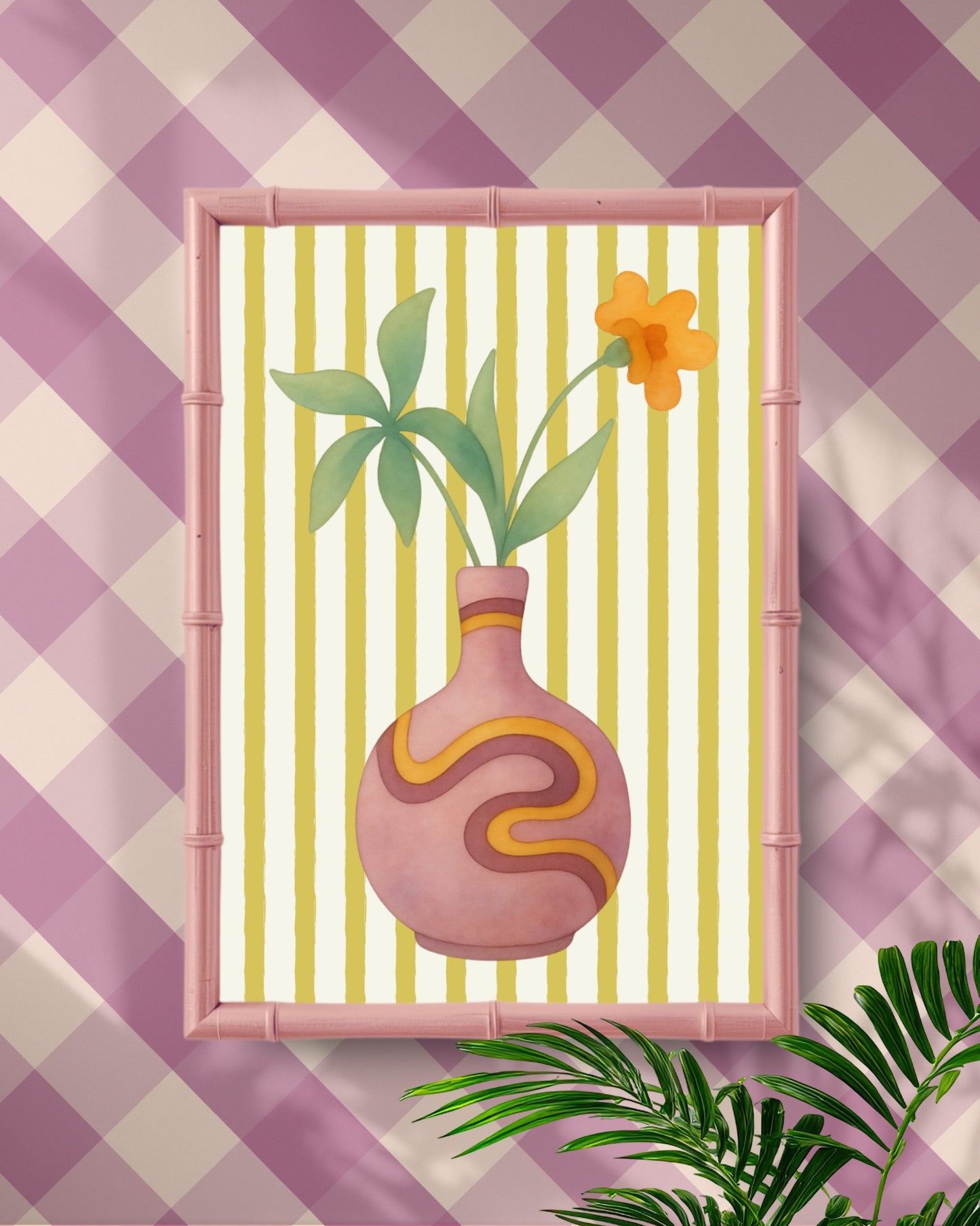 Decorative wall art with a lavender vase and yellow flower on a striped background,  in  bamboo frame against a checkered purple and white wall 