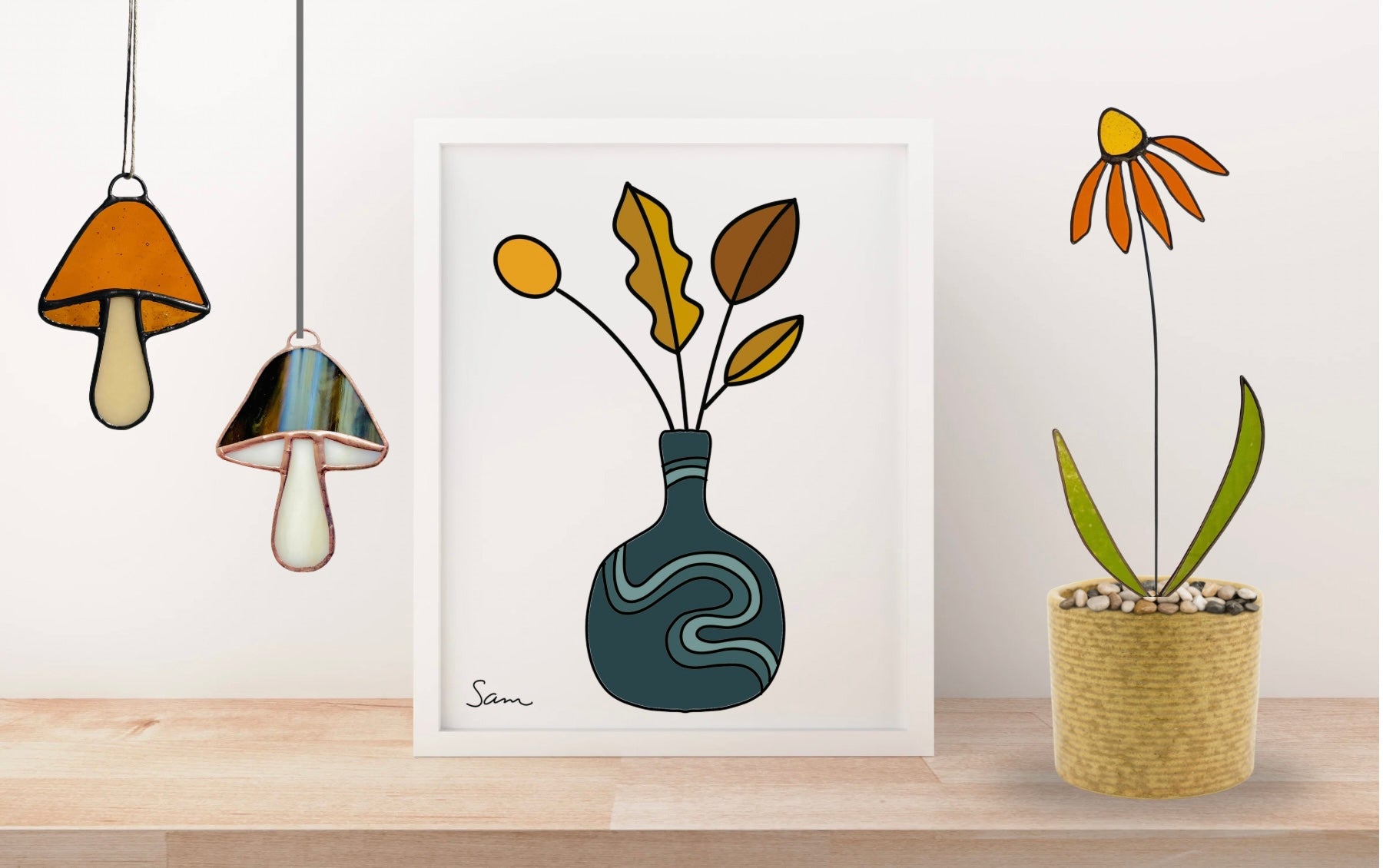 Modern Teal Vase Art Print | Minimalist Botanical Line Drawing - Samara Designs Studio