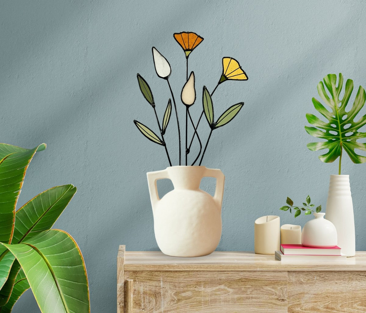 Handmade Stained Glass Wildflower Arrangement –Yellow & Olive Green