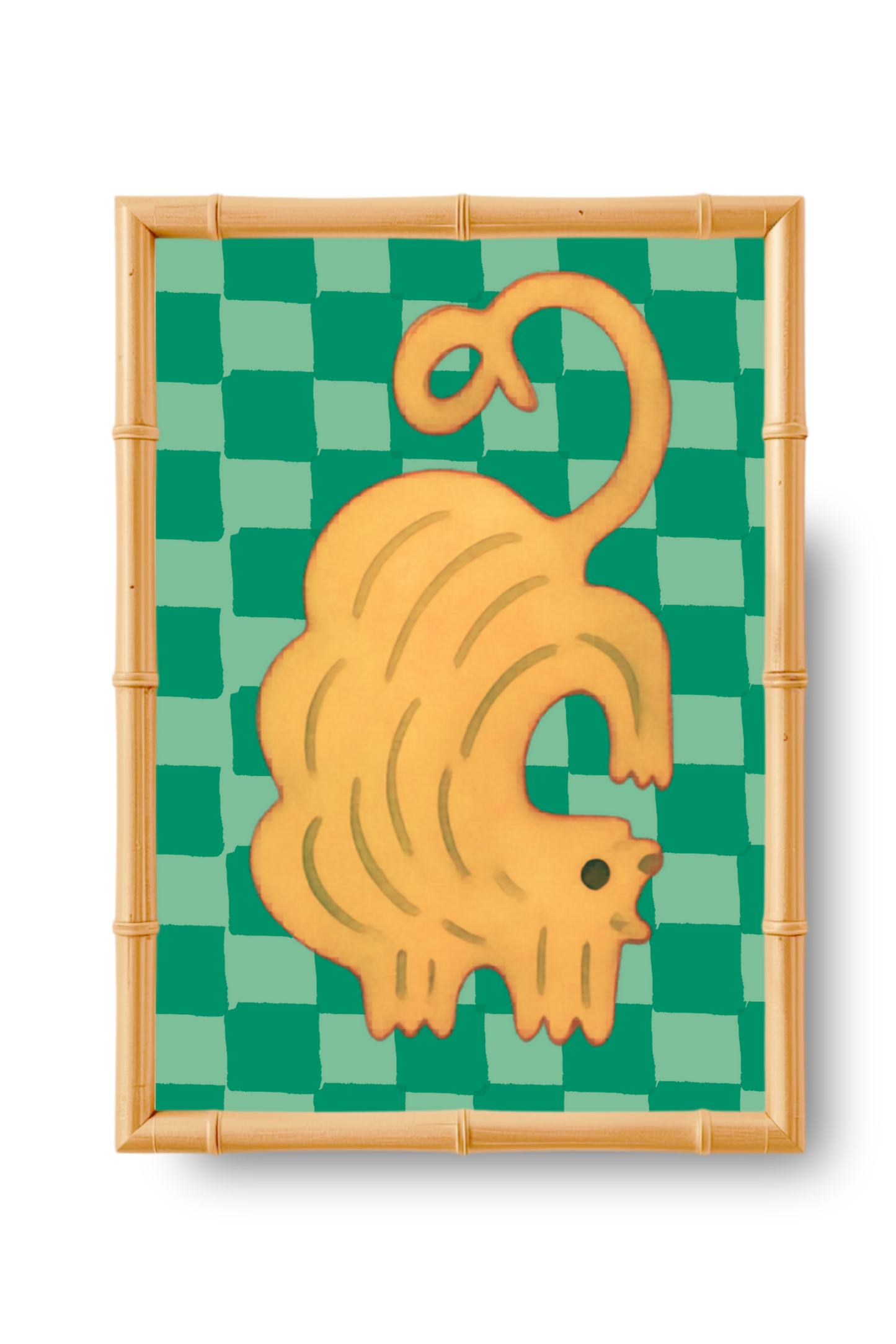 Decorative wall art with a yellow cat on a green checkered background, framed in bamboo.