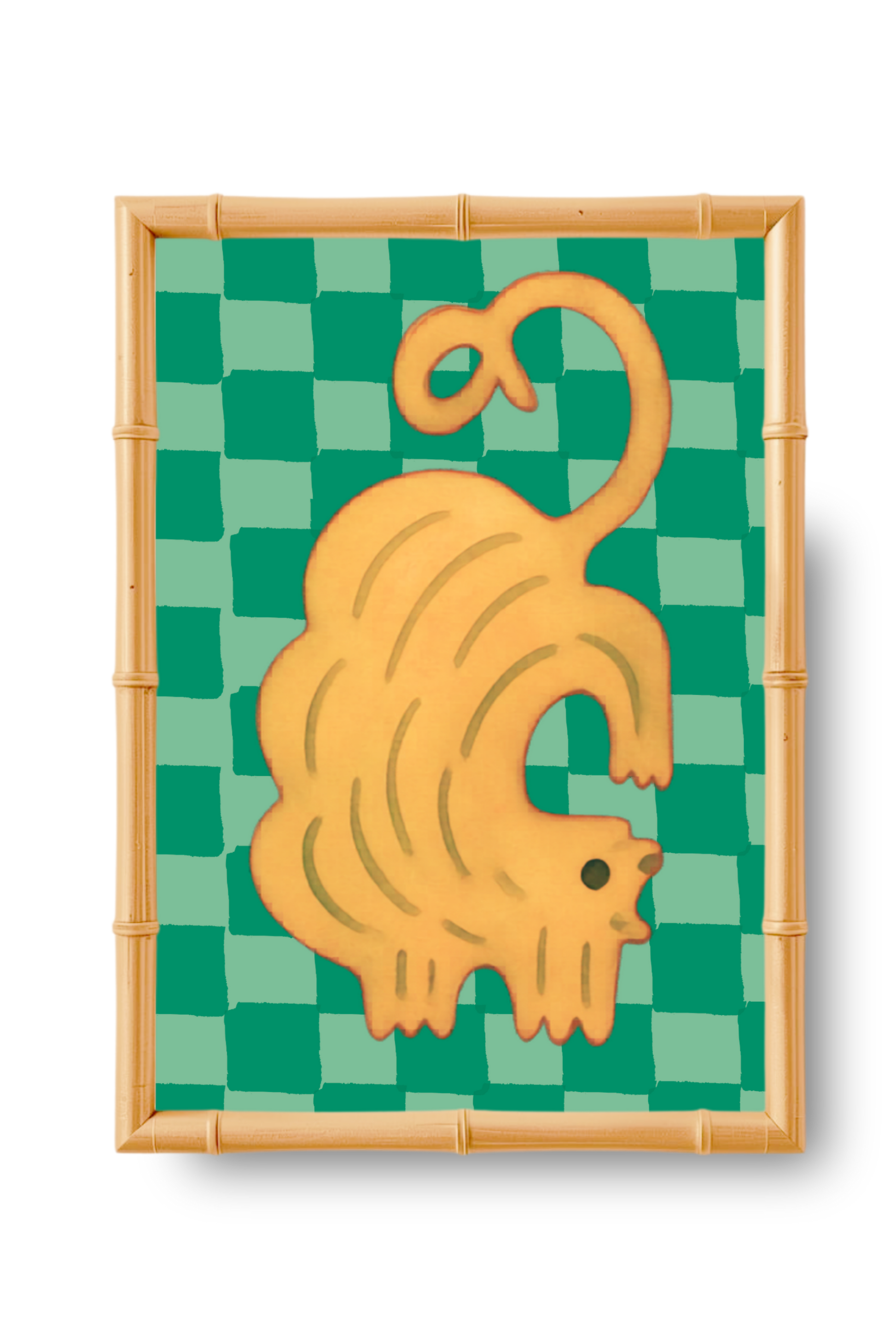 Decorative wall art with a yellow cat on a green checkered background, framed in bamboo.
