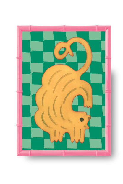  yellow cat illustration on a green checkered background, framed by pink borders.