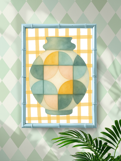 Decorative wall art with a geometric vase design on a checkered background