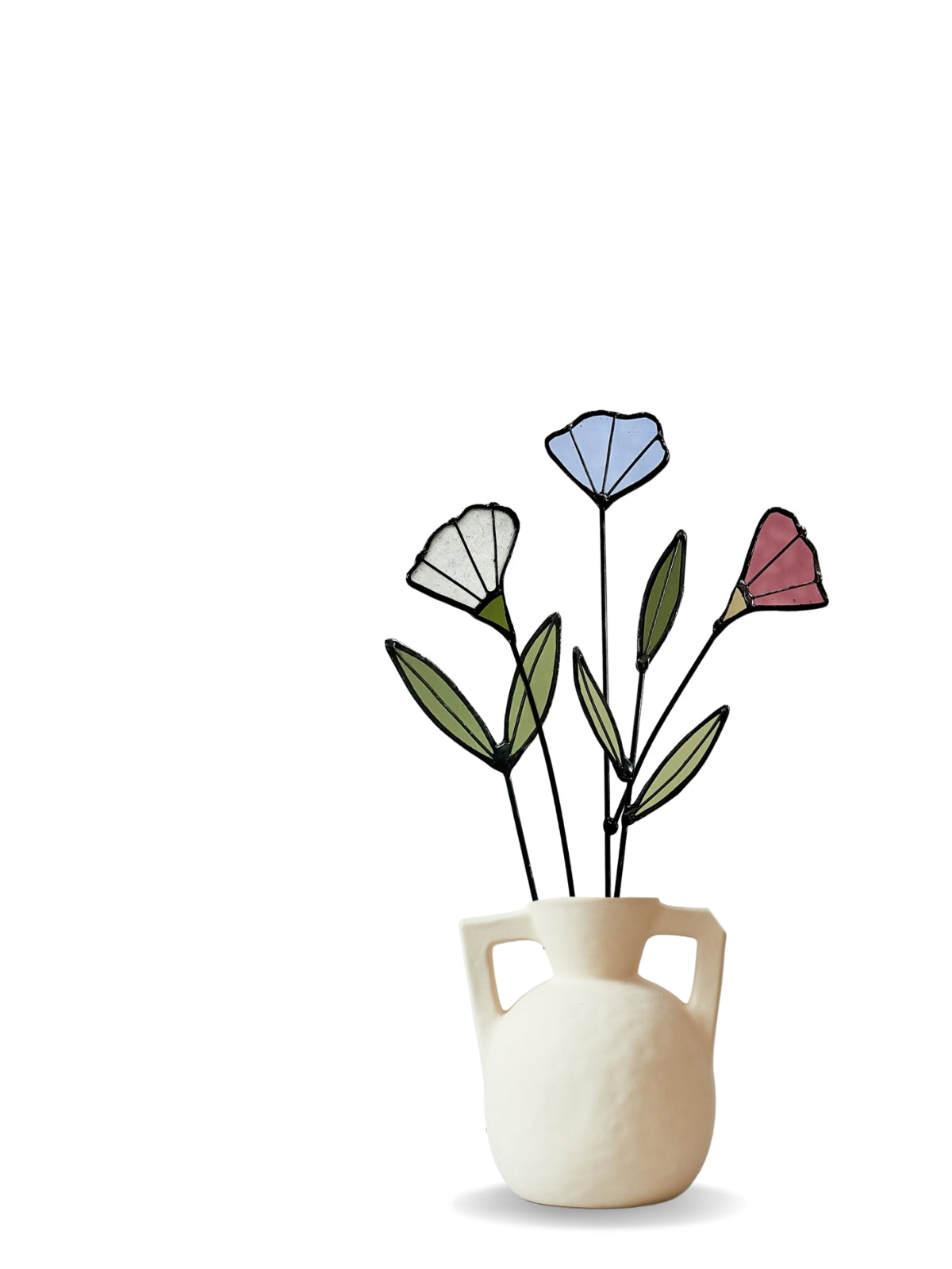 Handmade Stained Glass Wildflower Arrangement – Blue, Dusty Rose & White Blossoms