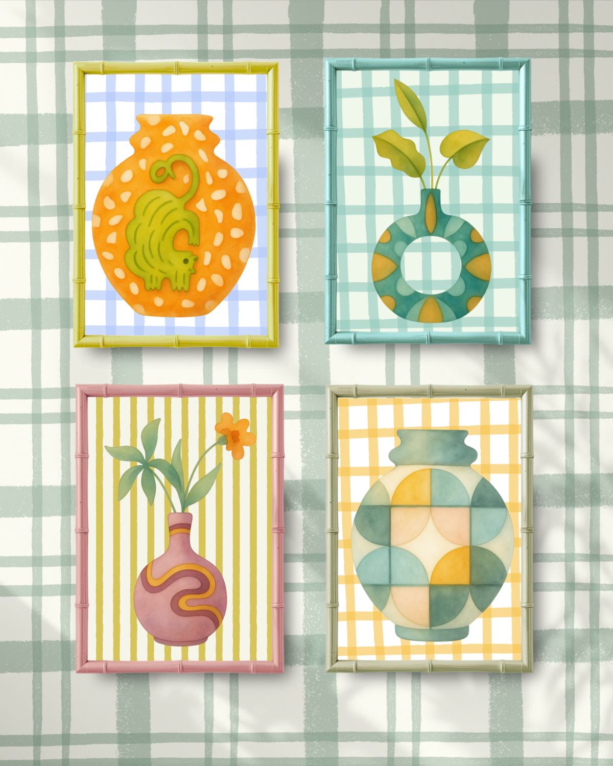 Four colorful ceramic vase illustrations in frames on a plaid background